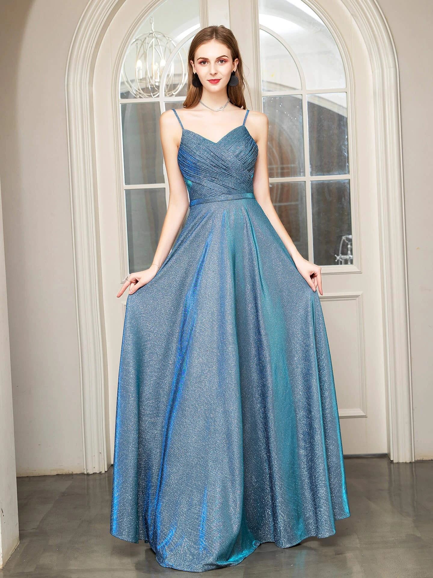 A-line Fashion Formal Evening Dresses Spaghetti Strap Sleeveless Floor Length Prom Dresses - Image 5