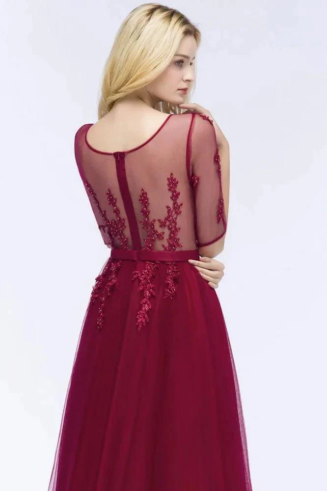 A-line Floor Length Appliques Tulle Bridesmaid Dress Half Sleeve Evening Dress - Image 10