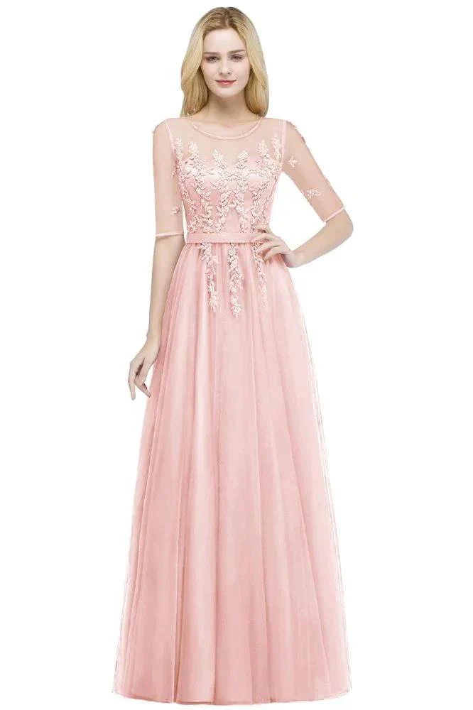A-line Floor Length Appliques Tulle Bridesmaid Dress Half Sleeve Evening Dress - Image 2
