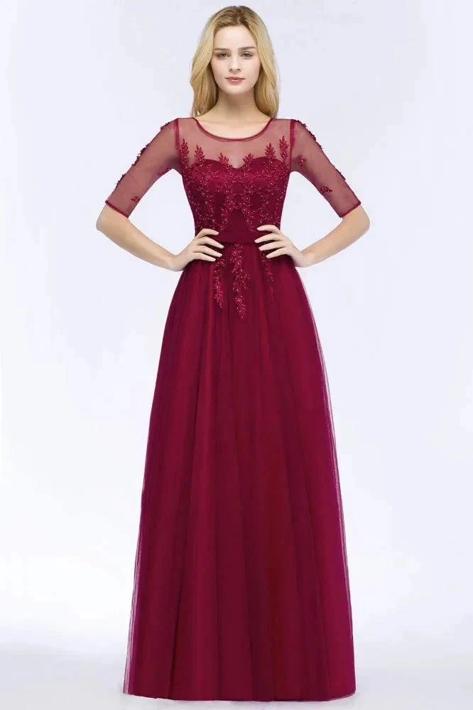 A-line Floor Length Appliques Tulle Bridesmaid Dress Half Sleeve Evening Dress - Image 4