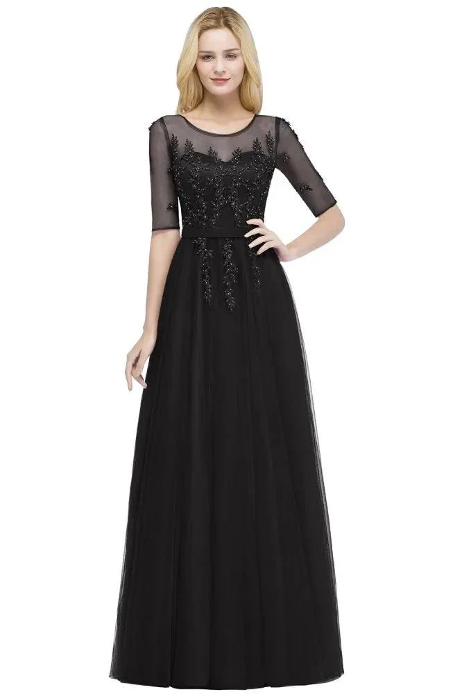A-line Floor Length Appliques Tulle Bridesmaid Dress Half Sleeve Evening Dress - Image 5