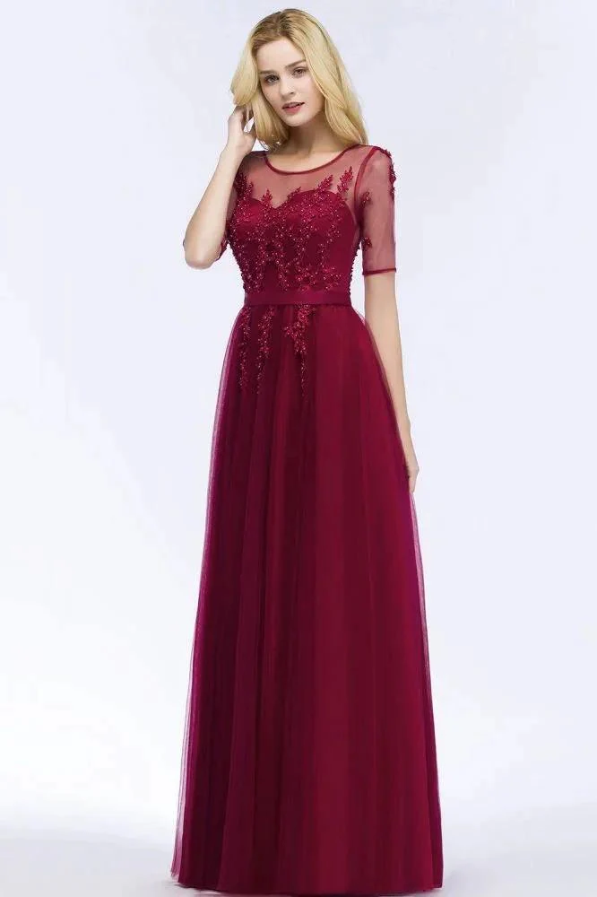 A-line Floor Length Appliques Tulle Bridesmaid Dress Half Sleeve Evening Dress - Image 7