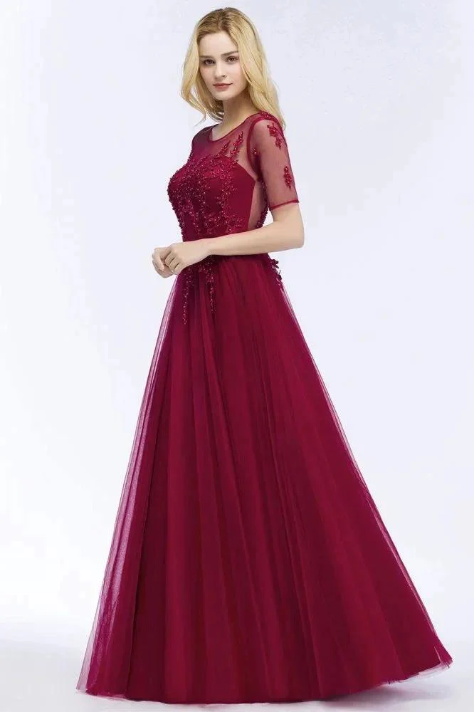 A-line Floor Length Appliques Tulle Bridesmaid Dress Half Sleeve Evening Dress - Image 8