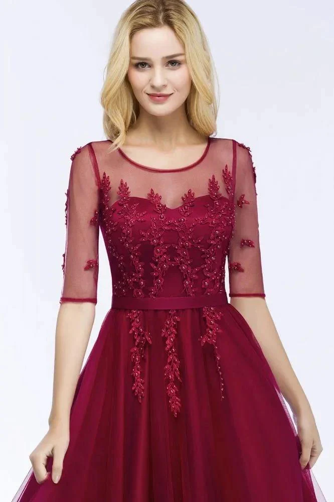 A-line Floor Length Appliques Tulle Bridesmaid Dress Half Sleeve Evening Dress - Image 9