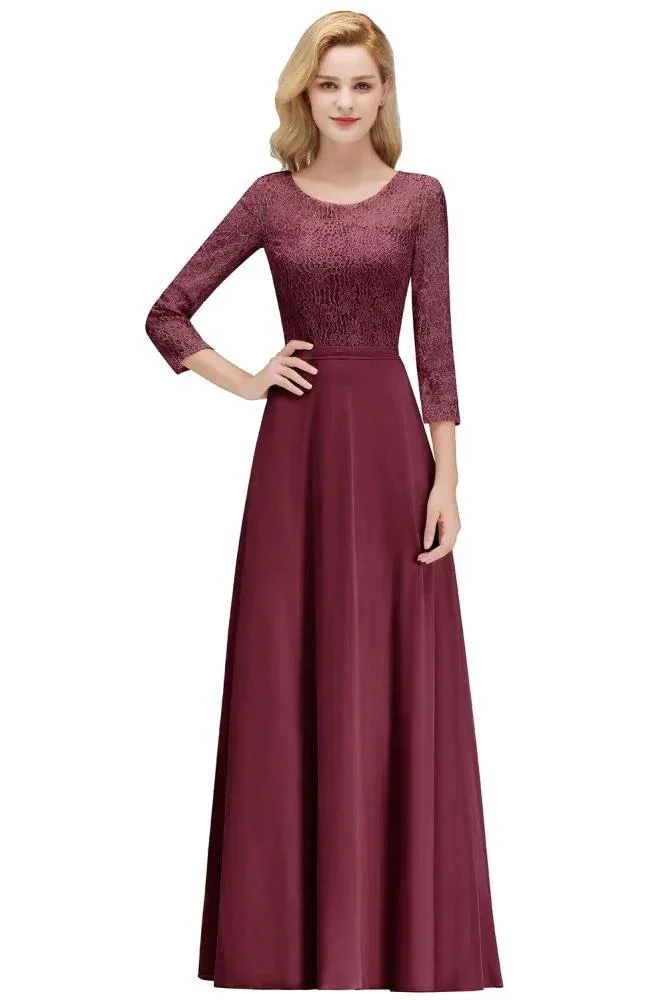 A-line Floor Length Lace Chiffon Bridesmaid Dresses with Sleeves - Image 2