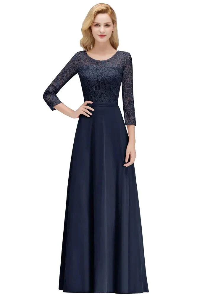 A-line Floor Length Lace Chiffon Bridesmaid Dresses with Sleeves - Image 3