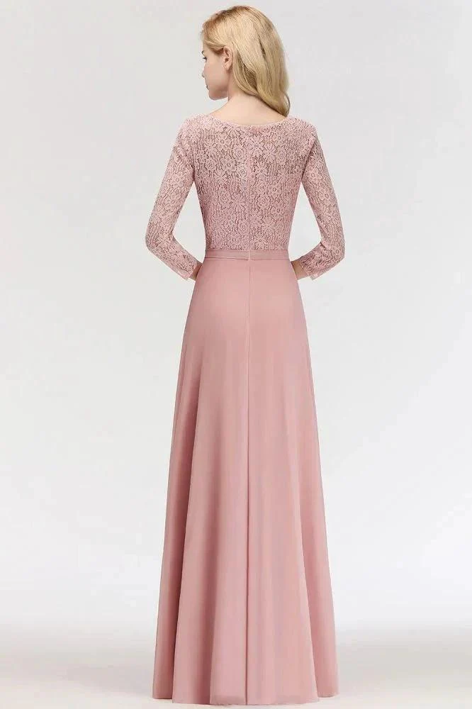 A-line Floor Length Lace Chiffon Bridesmaid Dresses with Sleeves - Image 4