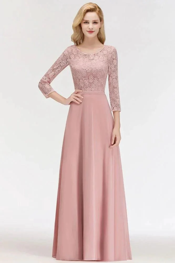 A-line Floor Length Lace Chiffon Bridesmaid Dresses with Sleeves - Image 5