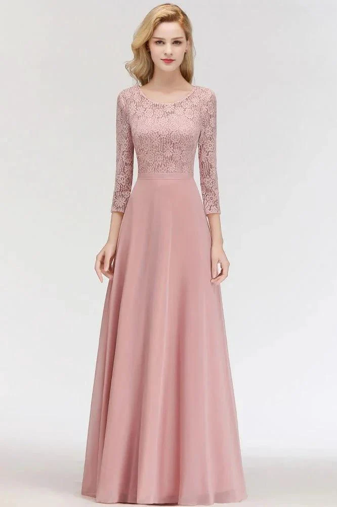 A-line Floor Length Lace Chiffon Bridesmaid Dresses with Sleeves - Image 6