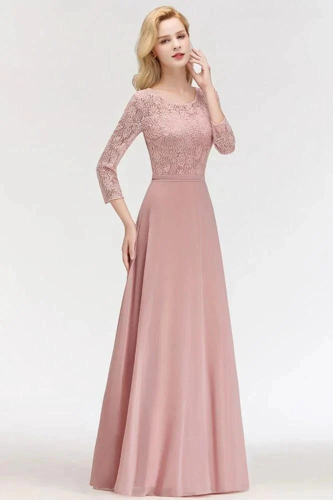 A-line Floor Length Lace Chiffon Bridesmaid Dresses with Sleeves - Image 7