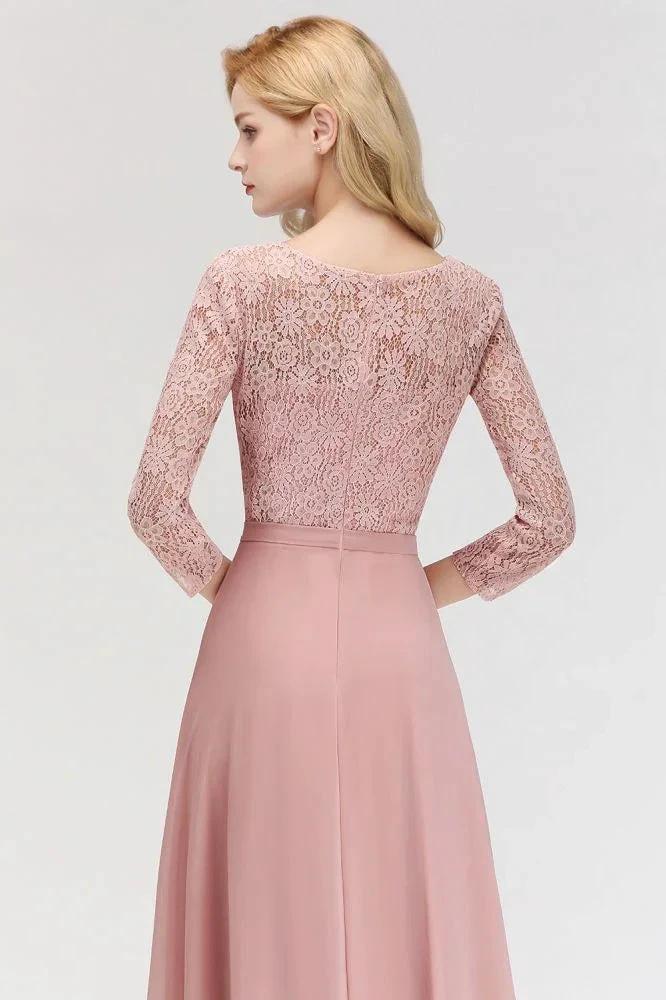 A-line Floor Length Lace Chiffon Bridesmaid Dresses with Sleeves - Image 8
