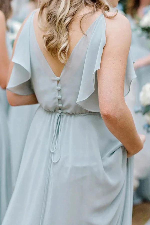 A-Line Floor Length Light Blue Long Bridesmaid Dress With Ruffles BD116 - Image 2