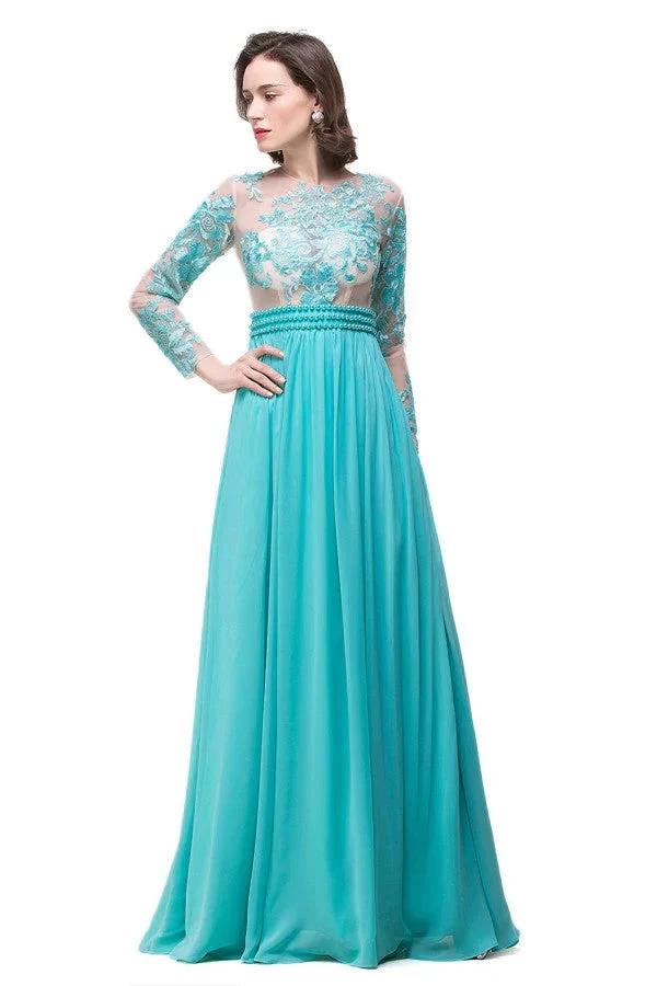 A-line Floor-length Long-Sleeve Crew Sash Formal Dresses - Image 2