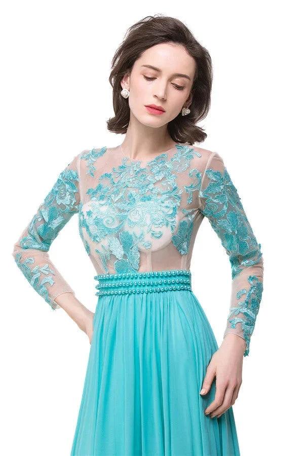 A-line Floor-length Long-Sleeve Crew Sash Formal Dresses - Image 4