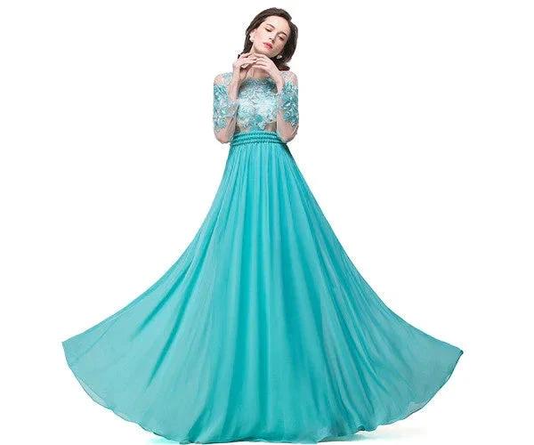 A-line Floor-length Long-Sleeve Crew Sash Formal Dresses - Image 5