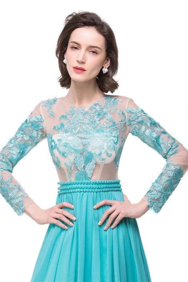 A-line Floor-length Long-Sleeve Crew Sash Formal Dresses - Image 6