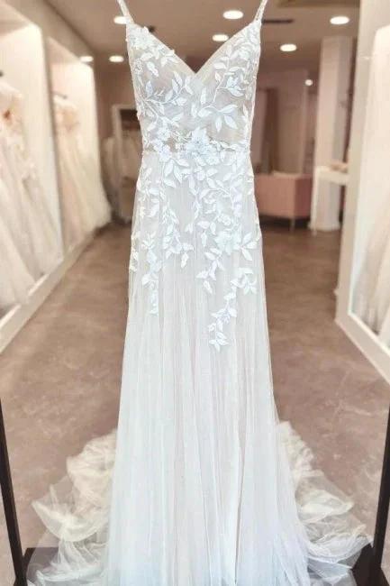 A-Line Floor-Length Sleeveless Spaghetti Straps V-Neck Split Front Wedding Dresses with Appliques - Image 2