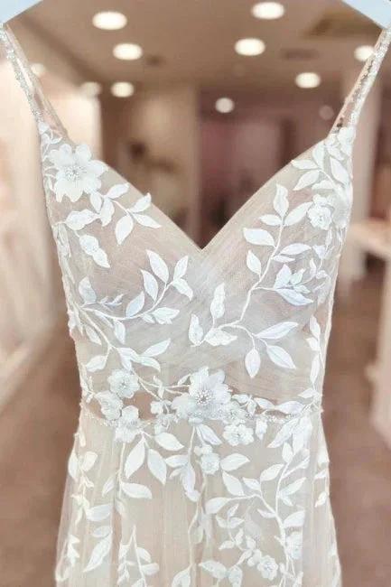 A-Line Floor-Length Sleeveless Spaghetti Straps V-Neck Split Front Wedding Dresses with Appliques - Image 3