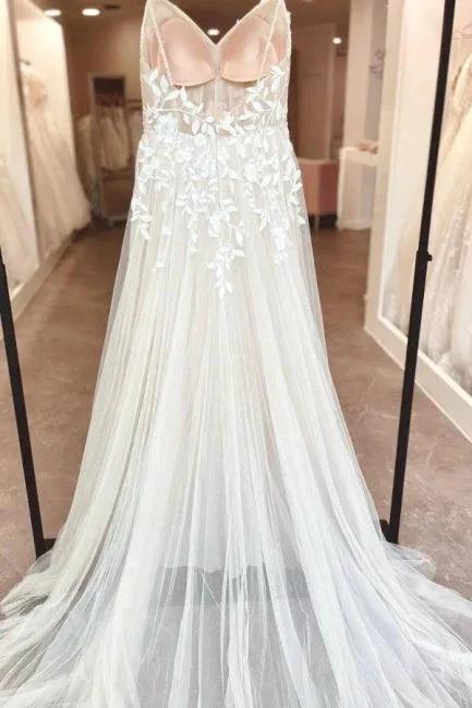 A-Line Floor-Length Sleeveless Spaghetti Straps V-Neck Split Front Wedding Dresses with Appliques - Image 4