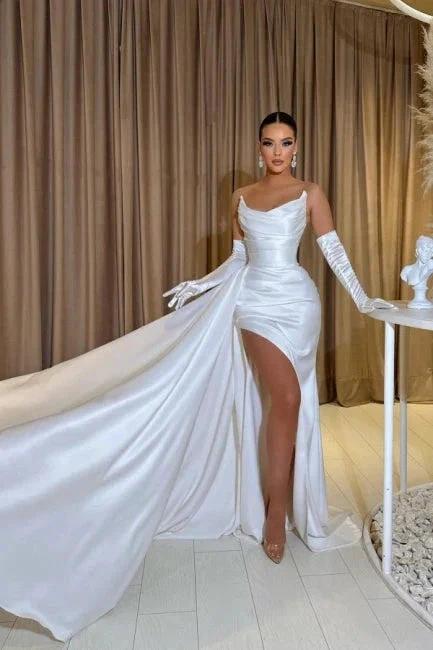 A-Line Floor-Length Sleeveless Strapless Charmeuse Split Front Stain Prom Dresses with Ruffles - Image 2