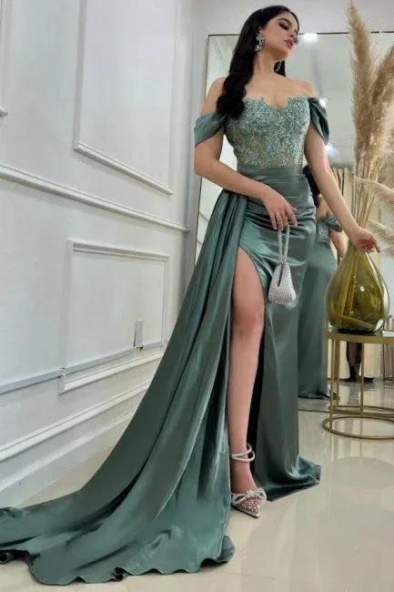 A-Line Floor-Length Stain Off-The-Shoulder Split Front Sweetheart Prom Dresses with Lace - Image 2