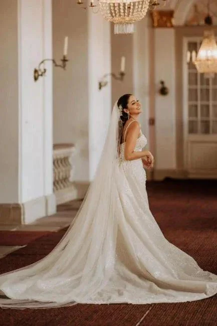A-Line Floor-Length Stain Tulle Sweetheart Spaghetti Straps Wedding Dresses with Appliques - Image 3