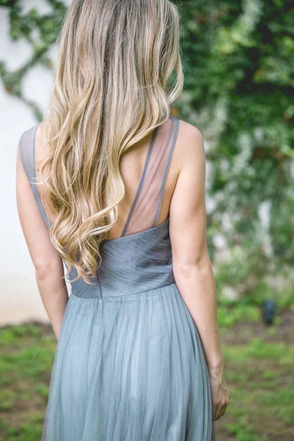 A-line Floor-Length Turquoise Sleeveless Tulle Bridesmaid Dress BD041 - Image 2