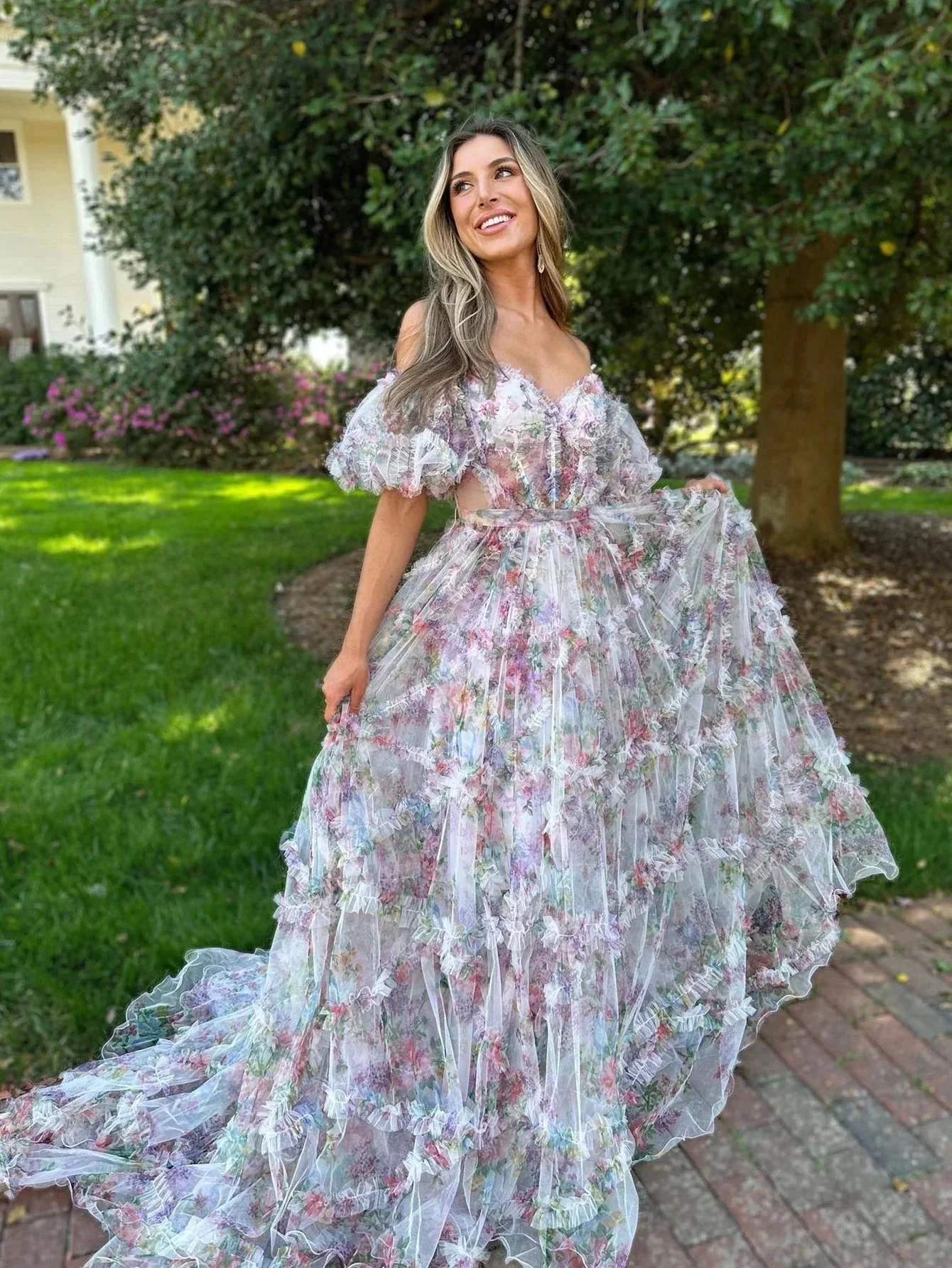 Sydney |A Line Sweetheart Printed Tulle Long Prom Dress - Image 3