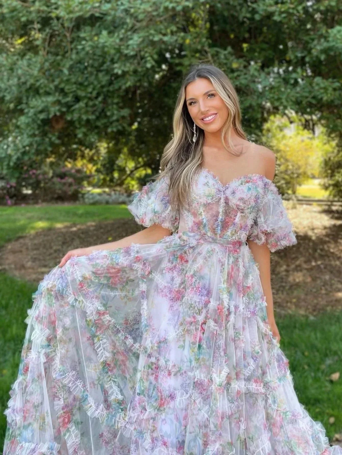 Sydney |A Line Sweetheart Printed Tulle Long Prom Dress - Image 4