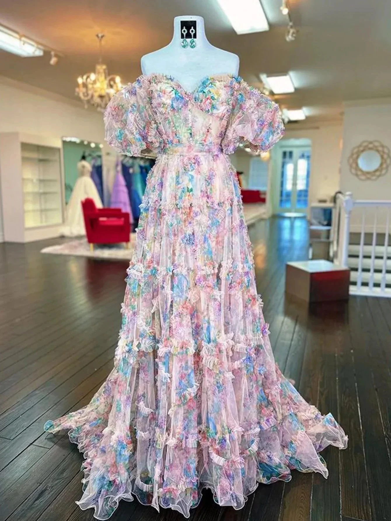 Sydney |A Line Sweetheart Printed Tulle Long Prom Dress - Image 6