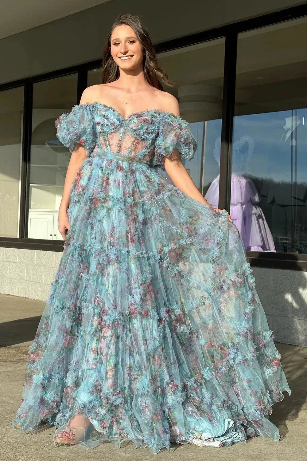 Sydney |A Line Sweetheart Printed Tulle Long Prom Dress - Image 8