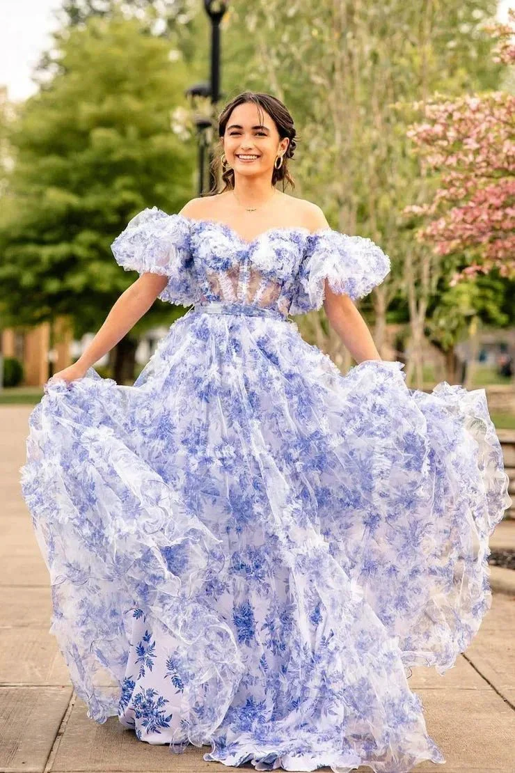 Sydney |A Line Sweetheart Printed Tulle Long Prom Dress - Image 9