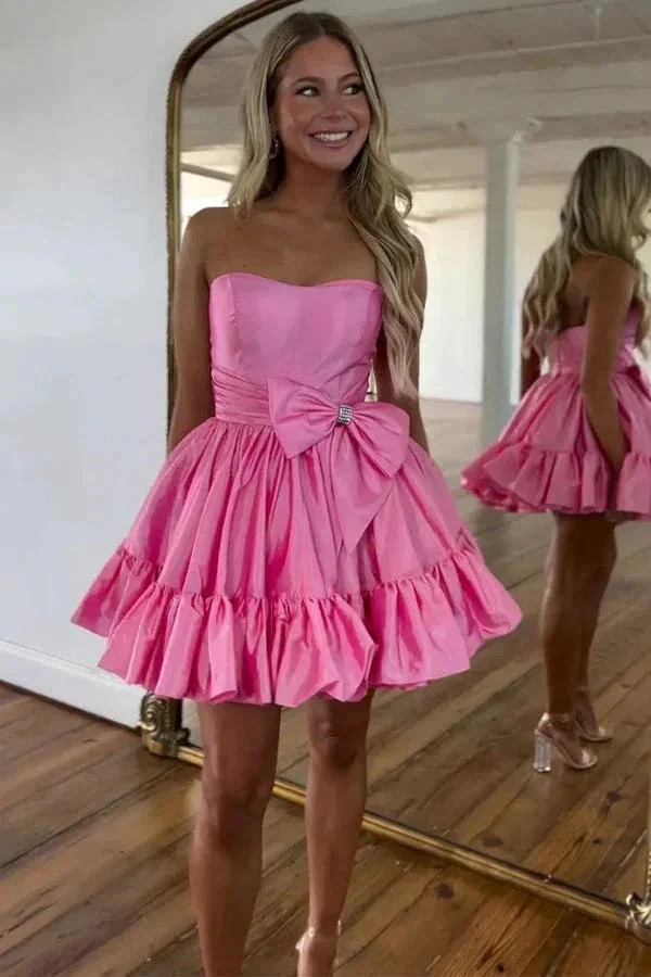 A Line Fuchsia Strapless Ruffle Cute Homecoming Dress with Bow PD558 - Image 2
