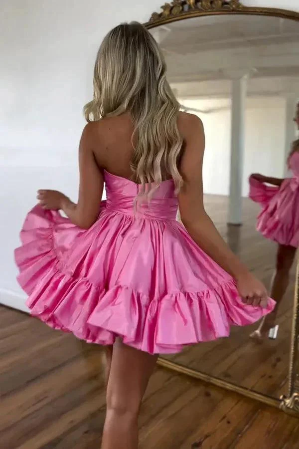 A Line Fuchsia Strapless Ruffle Cute Homecoming Dress with Bow PD558 - Image 3