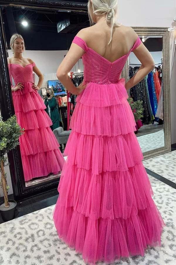A-Line Fuchsia Tulle Long Prom Dresses Formal Evening Gowns Y482 - Image 2