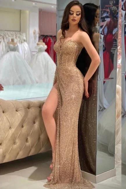 A-Line Gold Sleeveless Floor-Length Strapless Split Front Prom Dresses with Sequins - Image 2