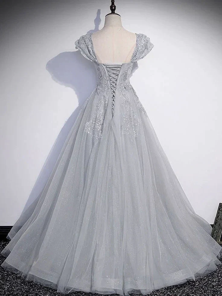 A-Line Gray Tulle Sequin Long Prom Dress Gray Formal Evening Dress Y4733 - Image 2