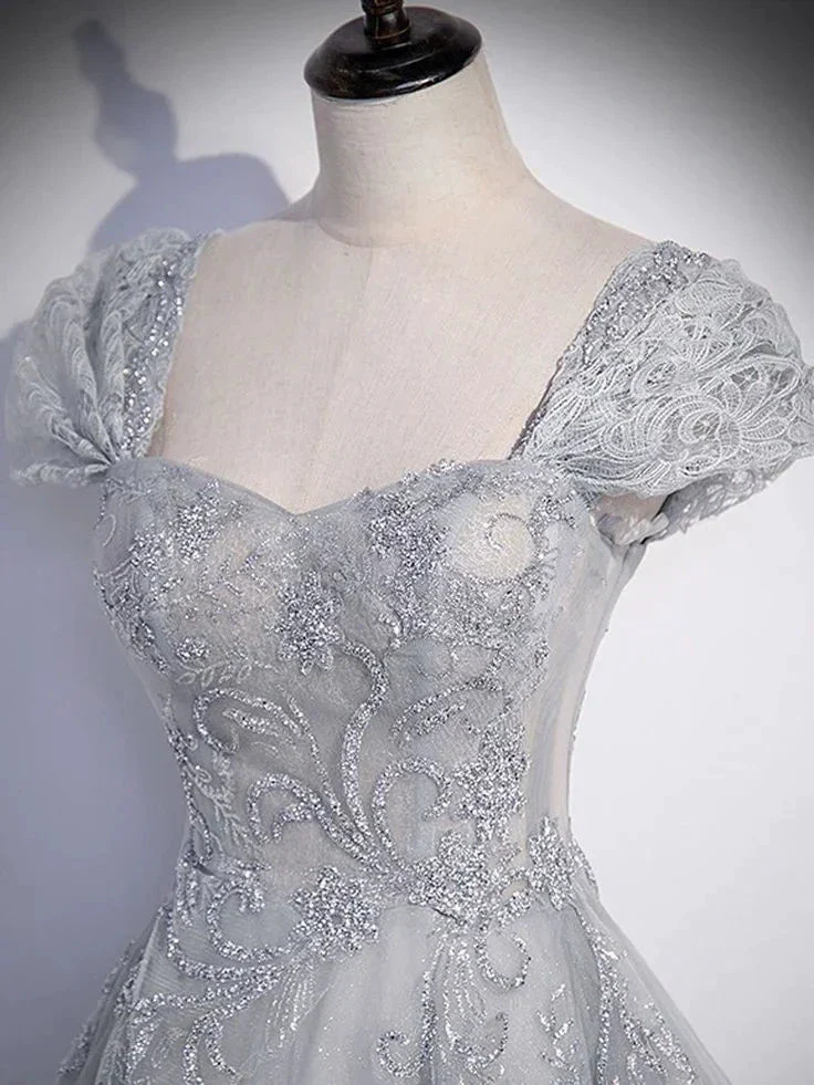 A-Line Gray Tulle Sequin Long Prom Dress Gray Formal Evening Dress Y4733 - Image 3
