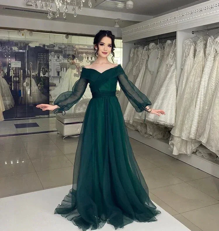 A Line Green Tulle Evening Dresses Formal Prom Dress Dubai Party Gown Y4316 - Image 2