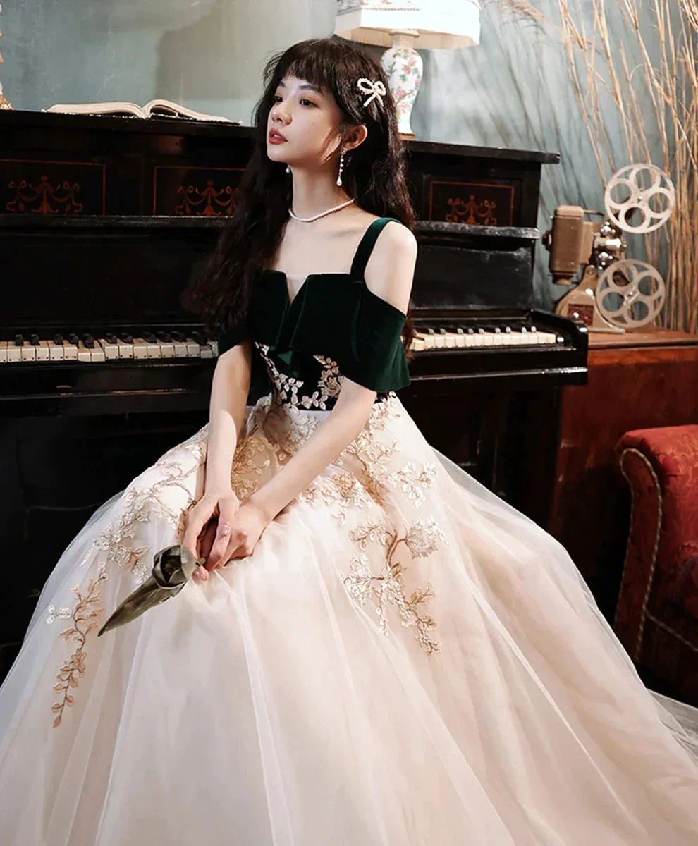 A-line Green Tulle Lace Long Prom Dress, Green Formal Evening Dress Y1928 - Image 3