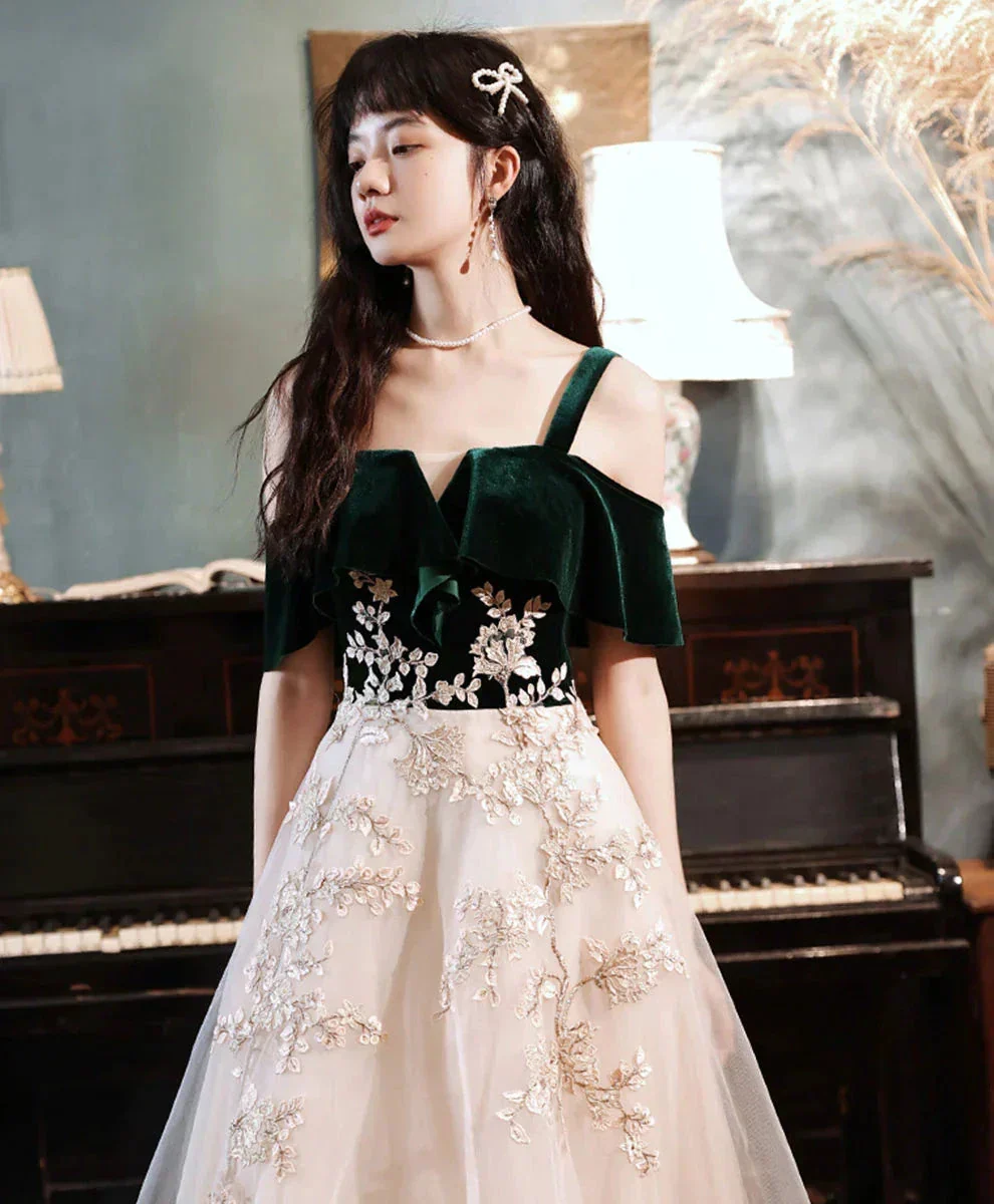 A-line Green Tulle Lace Long Prom Dress, Green Formal Evening Dress Y1928 - Image 4