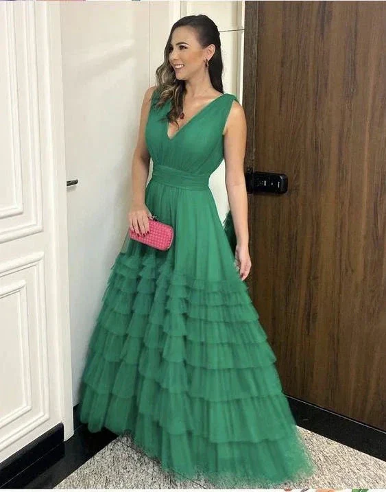 A line Green V Neck Long Prom Dress Evening Dress Y4830 - Image 2