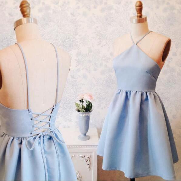 A-Line Halter Above-Knee Lace-Up Blue Stretch Satin Homecoming Dress PD403 - Image 2