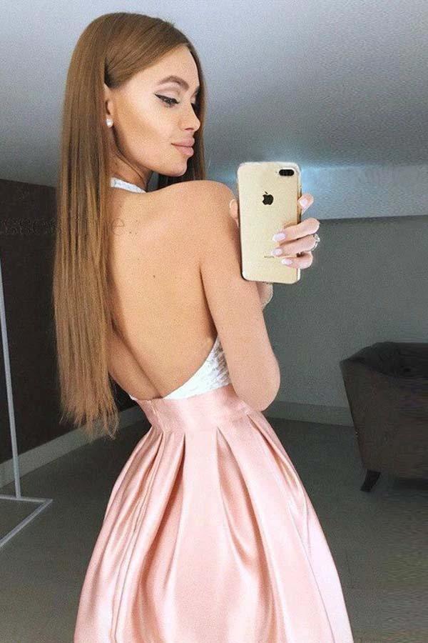 High Neck Backless Short Pink Pleated Homecoming Dress with Lace Bodice  PD272 - Image 3