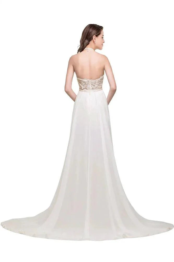A-line Halter Chiffon Evening Dress with Lace - Image 2