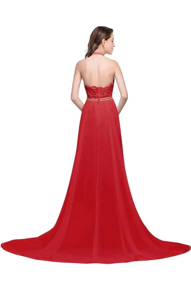 A-line Halter Chiffon Evening Dress with Lace - Image 3