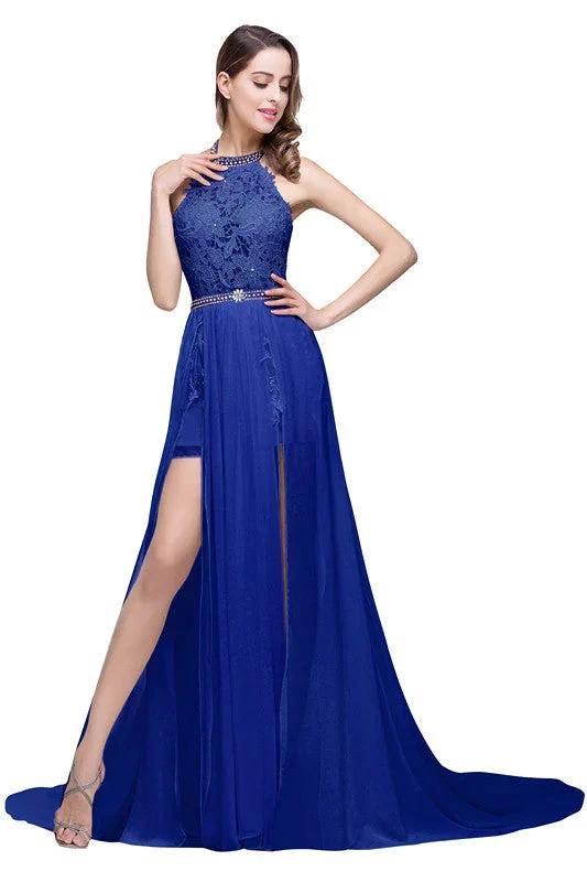 A-line Halter Chiffon Evening Dress with Lace - Image 5