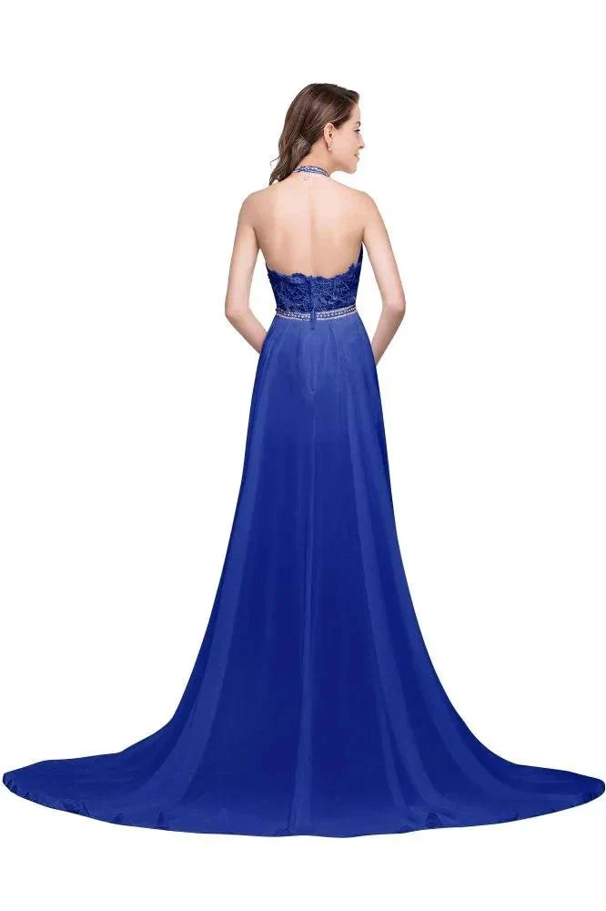 A-line Halter Chiffon Evening Dress with Lace - Image 7