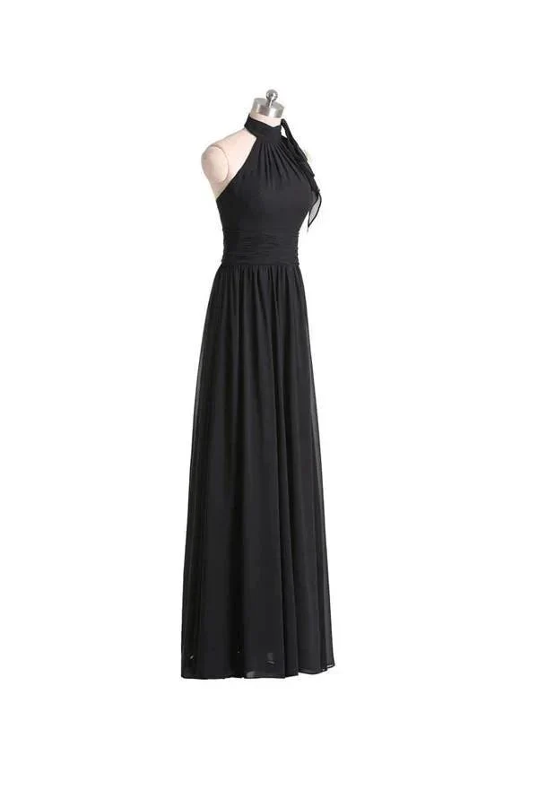 A-line Halter Floor Length Chiffon Black Bridesmaid Dress With Pleats BD019 - Image 2