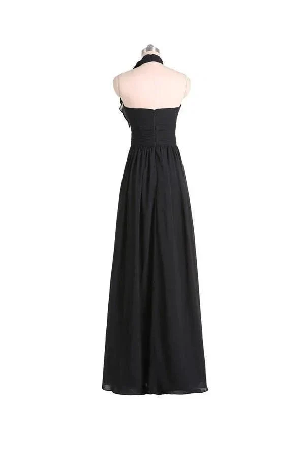 A-line Halter Floor Length Chiffon Black Bridesmaid Dress With Pleats BD019 - Image 3